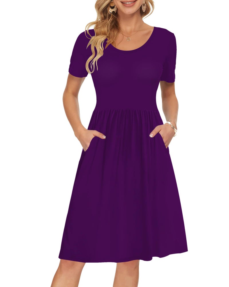 AUSELILY Women's Short Sleeve Empire Waist Dress Pleated Loose Swing Knee Length Dresses with Pockets 2026 New Purple XL - Image 1